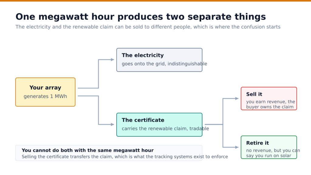 Diagram showing one megawatt hour splitting into electricity sold to the grid and a tradable renewable certificate
